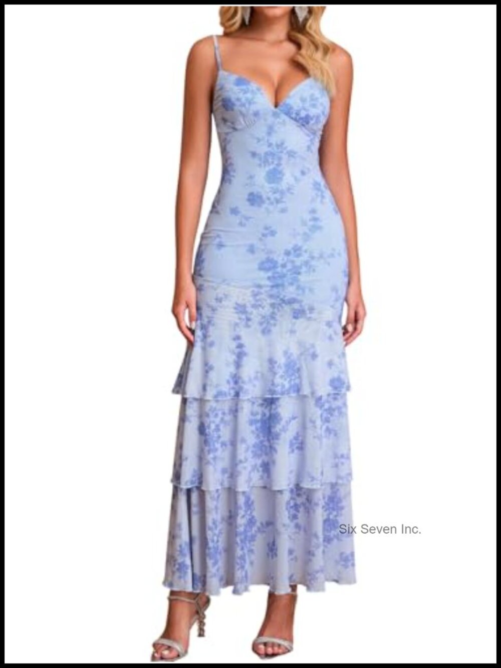 Floral Wedding Guest Ruffle Tiered Maxi Dress V Neck Spaghetti Strap
